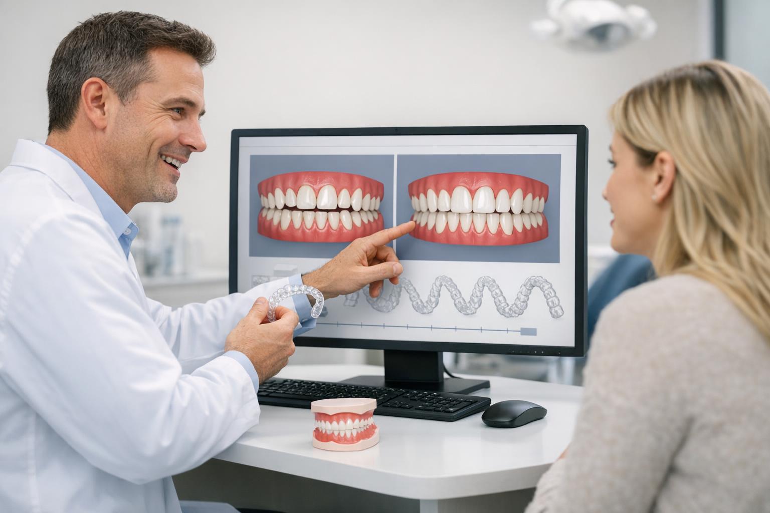 Ortodonta pokazujący pacjentowi plan leczenia Invisalign na ekranie komputera